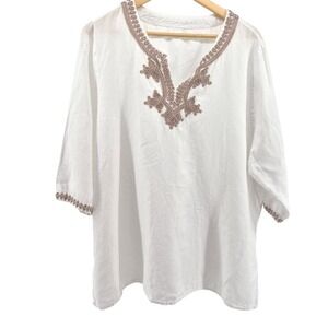 Symple NYC White Linen Embroidered Tunic Top 3/4 Sleeve Sz L Lagenlook Boho